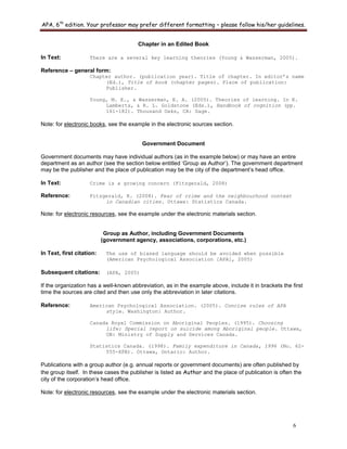 APA, 6th
edition. Your professor may prefer different formatting – please follow his/her guidelines.
6
Chapter in an Edited Book
In Text: There are a several key learning theories (Young & Wasserman, 2005).
Reference – general form:
Chapter author. (publication year). Title of chapter. In editor’s name
(Ed.), Title of book (chapter pages). Place of publication:
Publisher.
Young, M. E., & Wasserman, E. A. (2005). Theories of learning. In K.
Lamberts, & R. L. Goldstone (Eds.), Handbook of cognition (pp.
161-182). Thousand Oaks, CA: Sage.
Note: for electronic books, see the example in the electronic sources section.
Government Document
Government documents may have individual authors (as in the example below) or may have an entire
department as an author (see the section below entitled „Group as Author‟). The government department
may be the publisher and the place of publication may be the city of the department‟s head office.
In Text: Crime is a growing concern (Fitzgerald, 2008)
Reference: Fitzgerald, R. (2008). Fear of crime and the neighbourhood context
in Canadian cities. Ottawa: Statistics Canada.
Note: for electronic resources, see the example under the electronic materials section.
Group as Author, including Government Documents
(government agency, associations, corporations, etc.)
In Text, first citation: The use of biased language should be avoided when possible
(American Psychological Association [APA], 2005)
Subsequent citations: (APA, 2005)
If the organization has a well-known abbreviation, as in the example above, include it in brackets the first
time the sources are cited and then use only the abbreviation in later citations.
Reference: American Psychological Association. (2005). Concise rules of APA
style. Washington: Author.
Canada Royal Commission on Aboriginal Peoples. (1995). Choosing
life: Special report on suicide among Aboriginal people. Ottawa,
ON: Ministry of Supply and Services Canada.
Statistics Canada. (1998). Family expenditure in Canada, 1996 (No. 62-
555-XPB). Ottawa, Ontario: Author.
Publications with a group author (e.g. annual reports or government documents) are often published by
the group itself. In these cases the publisher is listed as Author and the place of publication is often the
city of the corporation‟s head office.
Note: for electronic resources, see the example under the electronic materials section.
 