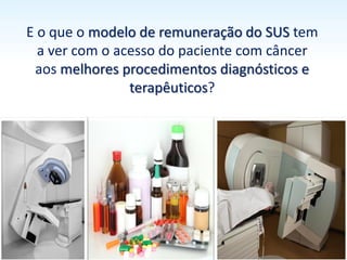 Esse modelo ocorre em razão do sistema de remuneração do
SUS: os hospitais recebem um valor mensal por paciente
(dependendo do tipo de câncer) e esse valor é usado para cobrir
todos os custos do tratamento como:
 Medicamentos;
 Soluções em geral (soro glicosado, fisiológico, eletrólitos, etc.);
 Material em geral (equipos, luvas, agulhas, máscaras, aventais, etc.);
 Impressos;
 Limpeza e manutenção da unidade de quimioterapia;
 Entre outros custos.
 