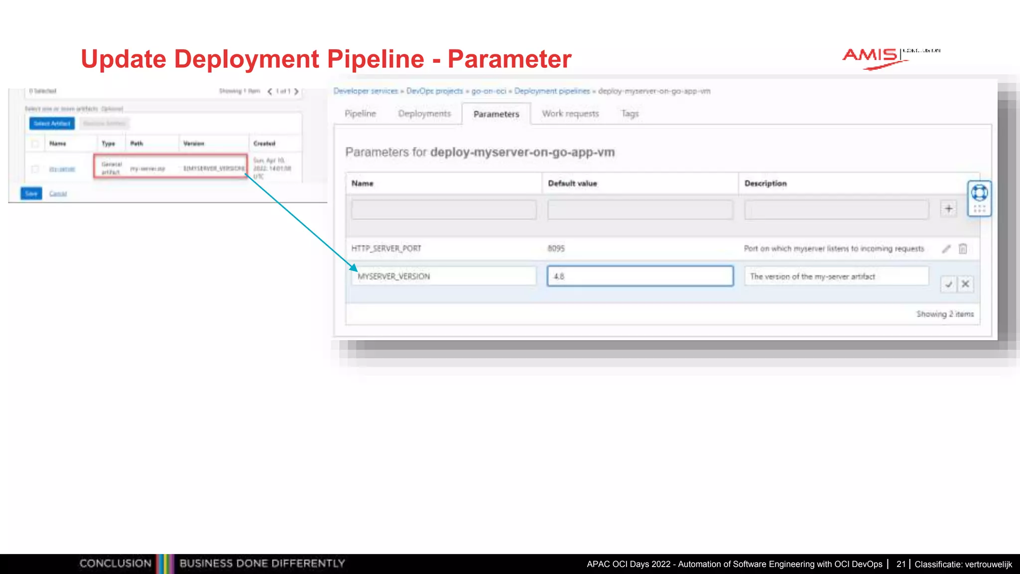 Classificatie: vertrouwelijk Update Deployment Pipeline - Parameter APAC OCI Days 2022 - Automation of Software Engineering with OCI DevOps 21 