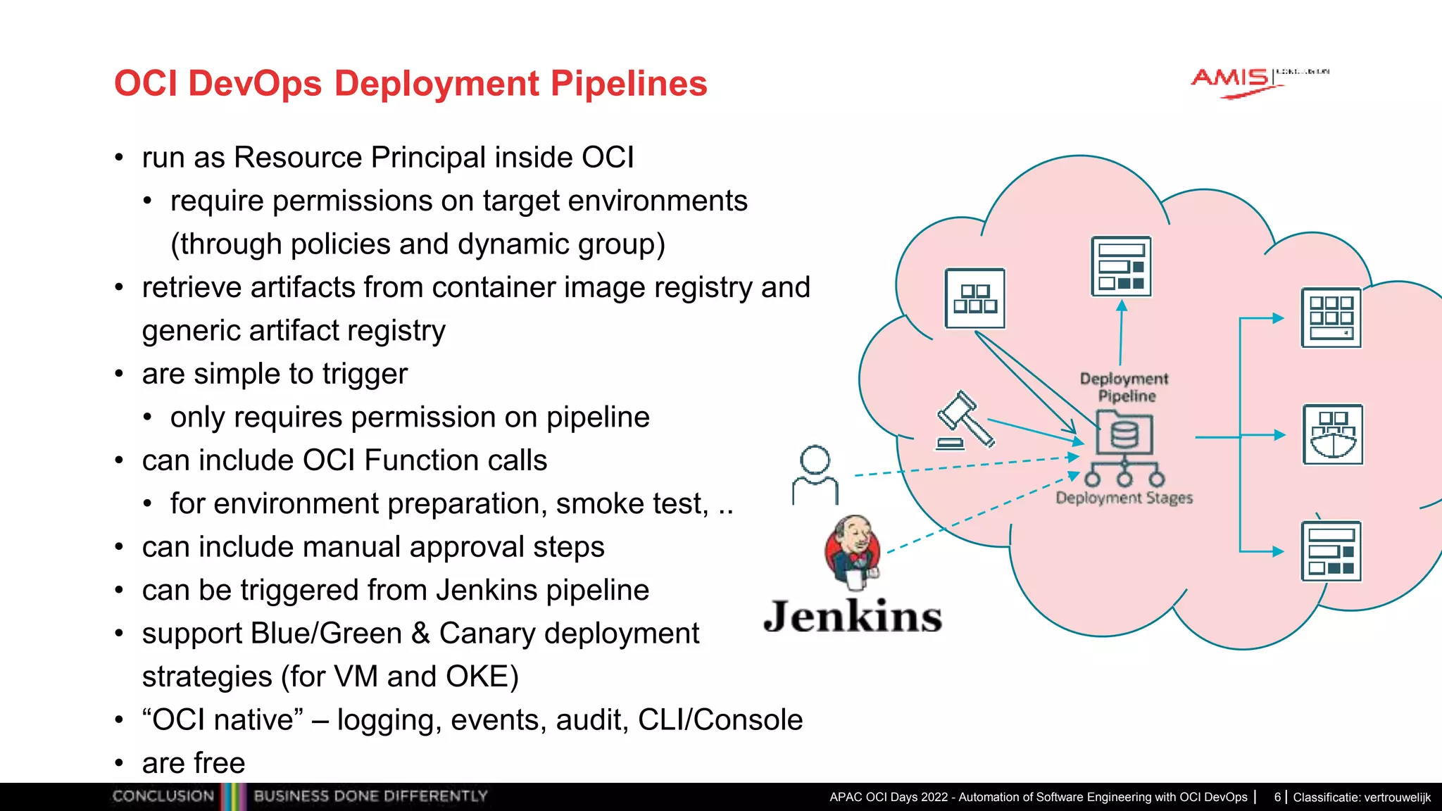 Classificatie: vertrouwelijk OCI DevOps Deployment Pipelines • run as Resource Principal inside OCI • require permissions on target environments (through policies and dynamic group) • retrieve artifacts from container image registry and generic artifact registry • are simple to trigger • only requires permission on pipeline • can include OCI Function calls • for environment preparation, smoke test, .. • can include manual approval steps • can be triggered from Jenkins pipeline • support Blue/Green & Canary deployment strategies (for VM and OKE) • “OCI native” – logging, events, audit, CLI/Console • are free APAC OCI Days 2022 - Automation of Software Engineering with OCI DevOps 6 