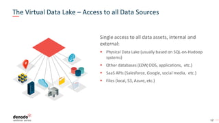 12
Single access to all data assets, internal and
external:
▪ Physical Data Lake (usually based on SQL-on-Hadoop
systems)
▪ Other databases (EDW,ODS, applications, etc.)
▪ SaaS APIs (Salesforce, Google, social media, etc.)
▪ Files (local, S3, Azure, etc.)
The Virtual Data Lake – Access to all Data Sources
 