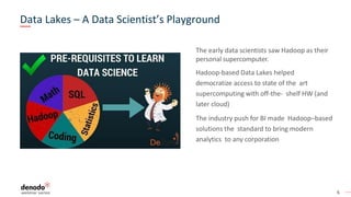 6
The early data scientists saw Hadoop as their
personal supercomputer.
Hadoop-based Data Lakes helped
democratize access to state of the art
supercomputing with off-the- shelf HW (and
later cloud)
The industry push for BI made Hadoop–based
solutions the standard to bring modern
analytics to any corporation
Data Lakes – A Data Scientist’s Playground
 