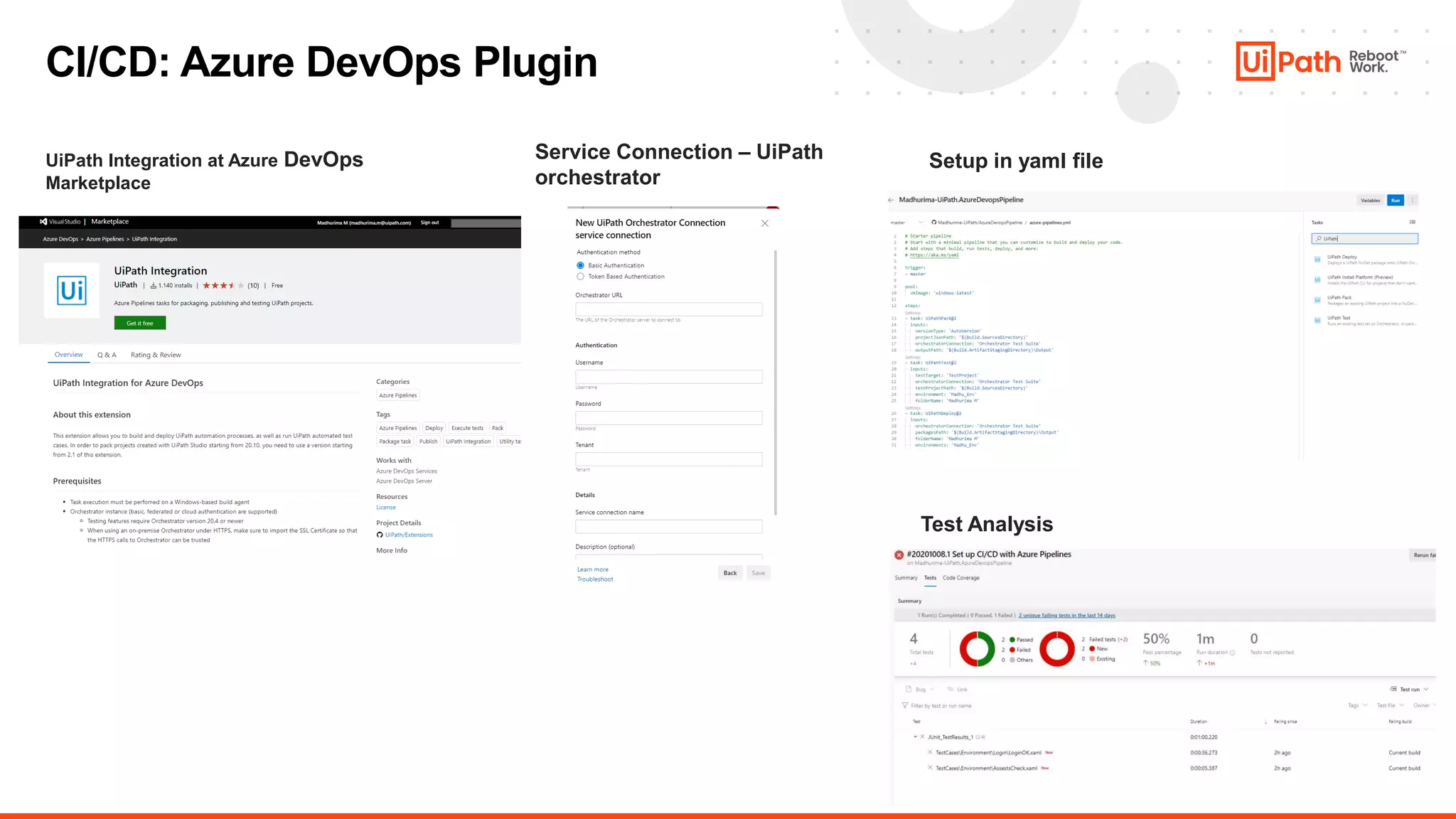 33
CI/CD: Azure DevOps Plugin
UiPath Integration at Azure DevOps
Marketplace
Service Connection – UiPath
orchestrator
Setup in yaml file
Test Analysis
 