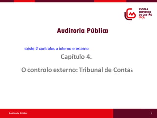 Auditoria Pública
OO sistema Auditoria Pública
Capítulo 4.
O controlo externo: Tribunal de Contas
1
existe 2 controlos o interno e externo
 