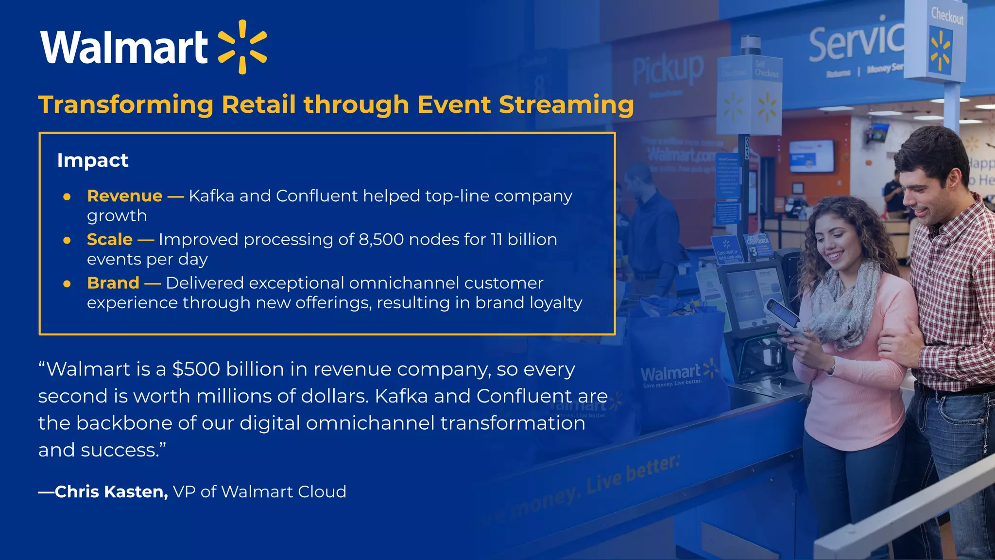 “Walmart is a $500 billion in revenue company, so every
second is worth millions of dollars. Kafka and Conﬂuent are
the backbone of our digital omnichannel transformation
and success.”
—Chris Kasten, VP of Walmart Cloud
Transforming Retail through Event Streaming
Impact
● Revenue — Kafka and Conﬂuent helped top-line company
growth
● Scale — Improved processing of 8,500 nodes for 11 billion
events per day
● Brand — Delivered exceptional omnichannel customer
experience through new offerings, resulting in brand loyalty
 