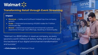 “Walmart is a $500 billion in revenue company, so every
second is worth millions of dollars. Kafka and Conﬂuent are
the backbone of our digital omnichannel transformation
and success.”
—Chris Kasten, VP of Walmart Cloud
Transforming Retail through Event Streaming
Impact
● Revenue — Kafka and Conﬂuent helped top-line company
growth
● Scale — Improved processing of 8,500 nodes for 11 billion
events per day
● Brand — Delivered exceptional omnichannel customer
experience through new offerings, resulting in brand loyalty
 