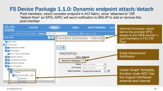 © F5 Networks, Inc 32
F5 Device Package 1.1.0: Dynamic endpoint attach/detach
Pool members, which consider endpoint in ACI fabric, once “attached to” OR
“detach from” an EPG; APIC will send notification to BIG-IP to add or remove this
pool member
Eable Attachement
Notification
Internal Connector, which
tied to the provider EPG,
assign to the WEB servers =
pool members in F5 LTM
Pool
Under Graph Template,
function node ADC has
two logical interfaces:
external and internal
 