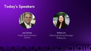 Today’s Speakers
Joe Dantas
Public Sector Director
Sydney
Esther Lim
Sales Engineering Manager
Melbourne
 