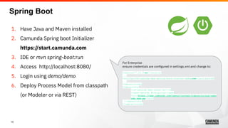 10
1. Have Java and Maven installed
2. Camunda Spring boot Initializer
https://start.camunda.com
3. IDE or mvn spring-boot:run
4. Access http://localhost:8080/
5. Login using demo/demo
6. Deploy Process Model from classpath
(or Modeler or via REST)
Spring Boot
For Enterprise
ensure credentials are conﬁgured in settings.xml and change to:
<version>7.13.0-ee</version>
...
<artifactId>camunda-bpm-spring-boot-starter-webapp-ee</artifactId>
...
<repositories>
<repository>
<id>camunda-bpm-nexus-ee</id>
<name>Camunda Enterprise</name>
<url>https://app.camunda.com/nexus/content/repositories/camu
nda-bpm-ee</url>
</repository>
</repositories>
 