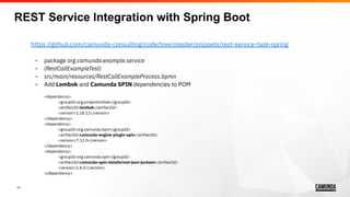 11
https://github.com/camunda-consulting/code/tree/master/snippets/rest-service-task-spring
• package org.camunda.example.service
• (RestCallExampleTest)
• src/main/resources/RestCallExampleProcess.bpmn
• Add Lombok and Camunda SPIN dependencies to POM
<dependency>
<groupId>org.projectlombok</groupId>
<artifactId>lombok</artifactId>
<version>1.18.12</version>
</dependency>
<dependency>
<groupId>org.camunda.bpm</groupId>
<artifactId>camunda-engine-plugin-spin</artifactId>
<version>7.13.0</version>
</dependency>
<dependency>
<groupId>org.camunda.spin</groupId>
<artifactId>camunda-spin-dataformat-json-jackson</artifactId>
<version>1.8.0</version>
</dependency>
REST Service Integration with Spring Boot
 