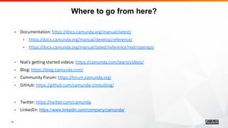 13
• Documentation: https://docs.camunda.org/manual/latest/
• https://docs.camunda.org/manual/develop/reference/
• https://docs.camunda.org/manual/latest/reference/rest/openapi/
• Nial’s getting started videos: https://camunda.com/learn/videos/
• Blog: https://blog.camunda.com/
• Community Forum: https://forum.camunda.org/
• GitHub: https://github.com/camunda-consulting/
• Twitter: https://twitter.com/camunda
• LinkedIn: https://www.linkedin.com/company/camunda/
Where to go from here?
 
