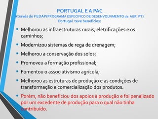 PORTUGAL E A PAC

Através do PEDAP(PROGRAMA ESPECIFICO DE DESENVOLVIMENTO da AGR. PT)
Portugal teve benefícios:

• Melhorou as infraestruturas rurais, eletrificações e os
caminhos;

• Modernizou sistemas de rega de drenagem;
• Melhorou a conservação dos solos;
• Promoveu a formação profissional;
• Fomentou o associativismo agrícola;
• Melhorou as estruturas de produção e as condições de
transformação e comercialização dos produtos.

• Porém, não beneficiou dos apoios à produção e foi penalizado
por um excedente de produção para o qual não tinha
contribuído.

 