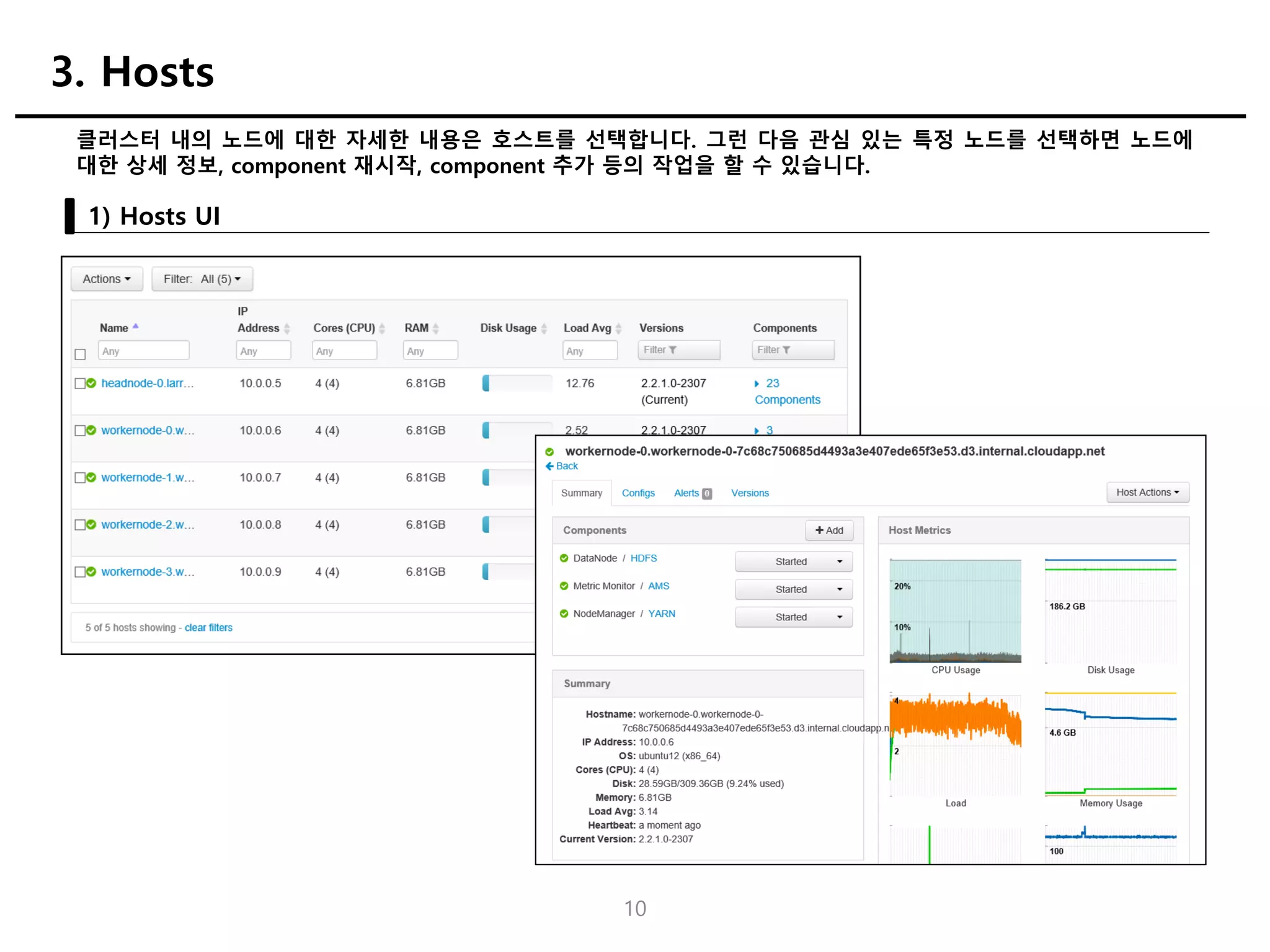 10
클러스터 내의 노드에 대한 자세한 내용은 호스트를 선택합니다. 그런 다음 관심 있는 특정 노드를 선택하면 노드에
대한 상세 정보, component 재시작, component 추가 등의 작업을 할 수 있습니다.
1) Hosts UI
3. Hosts
 