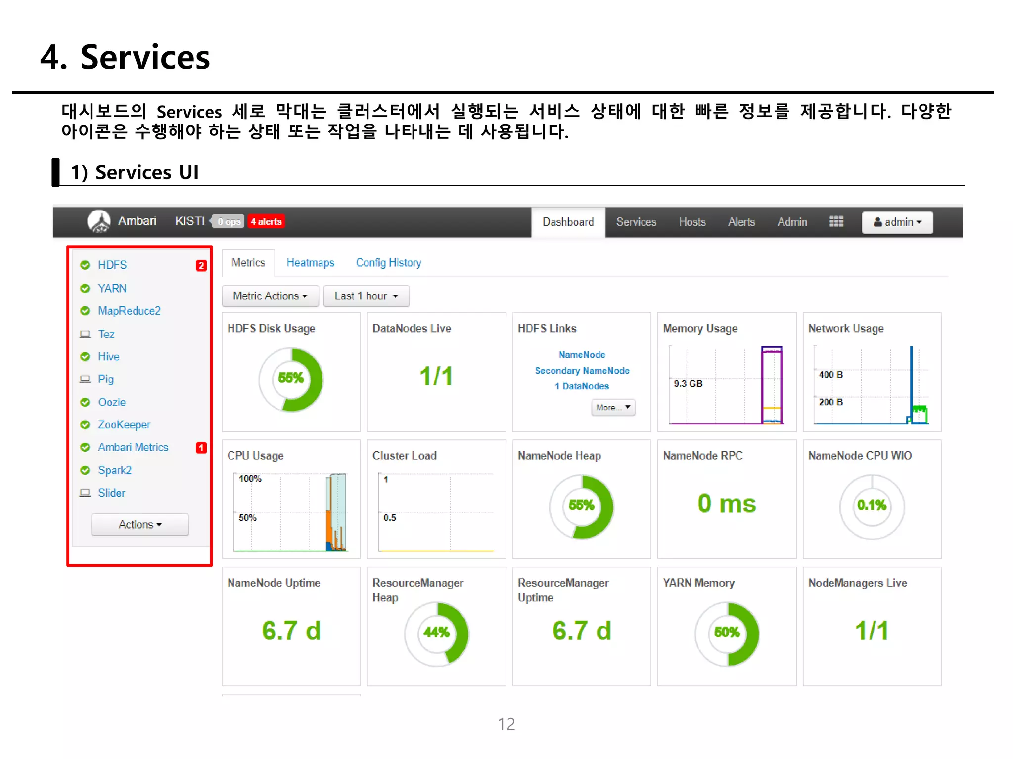 12
대시보드의 Services 세로 막대는 클러스터에서 실행되는 서비스 상태에 대한 빠른 정보를 제공합니다. 다양한
아이콘은 수행해야 하는 상태 또는 작업을 나타내는 데 사용됩니다.
1) Services UI
4. Services
 