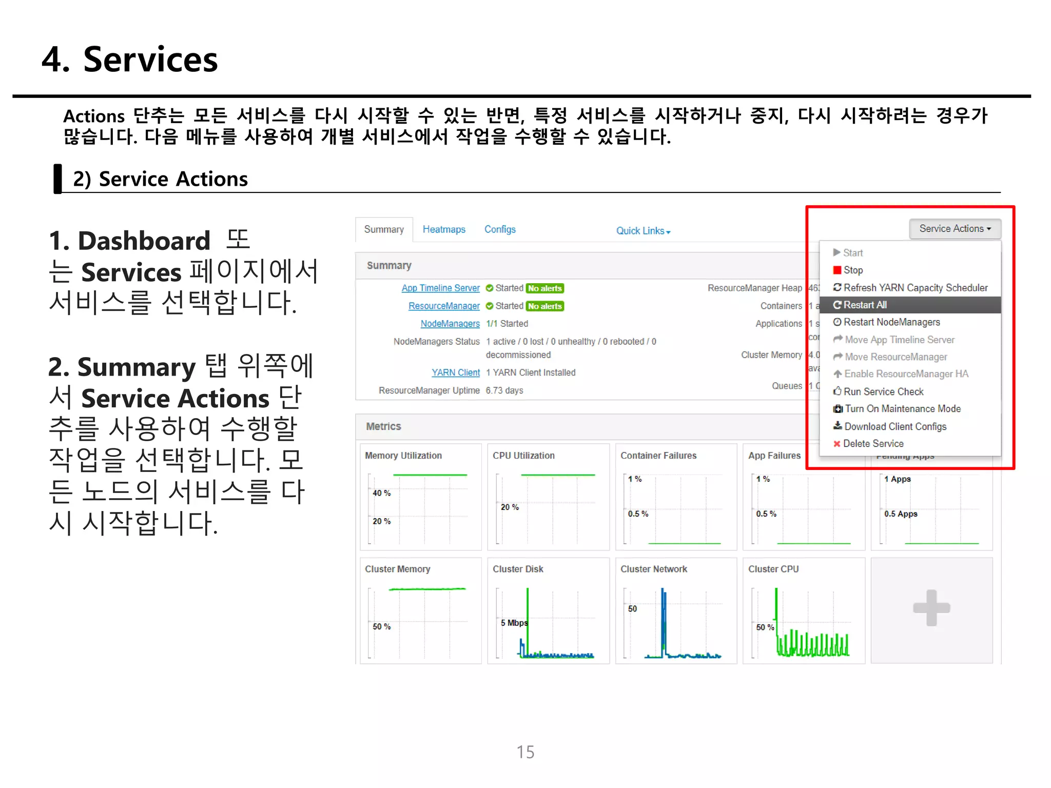 15
Actions 단추는 모든 서비스를 다시 시작할 수 있는 반면, 특정 서비스를 시작하거나 중지, 다시 시작하려는 경우가
많습니다. 다음 메뉴를 사용하여 개별 서비스에서 작업을 수행할 수 있습니다.
2) Service Actions
4. Services
1. Dashboard 또
는 Services 페이지에서
서비스를 선택합니다.
2. Summary 탭 위쪽에
서 Service Actions 단
추를 사용하여 수행할
작업을 선택합니다. 모
든 노드의 서비스를 다
시 시작합니다.
 