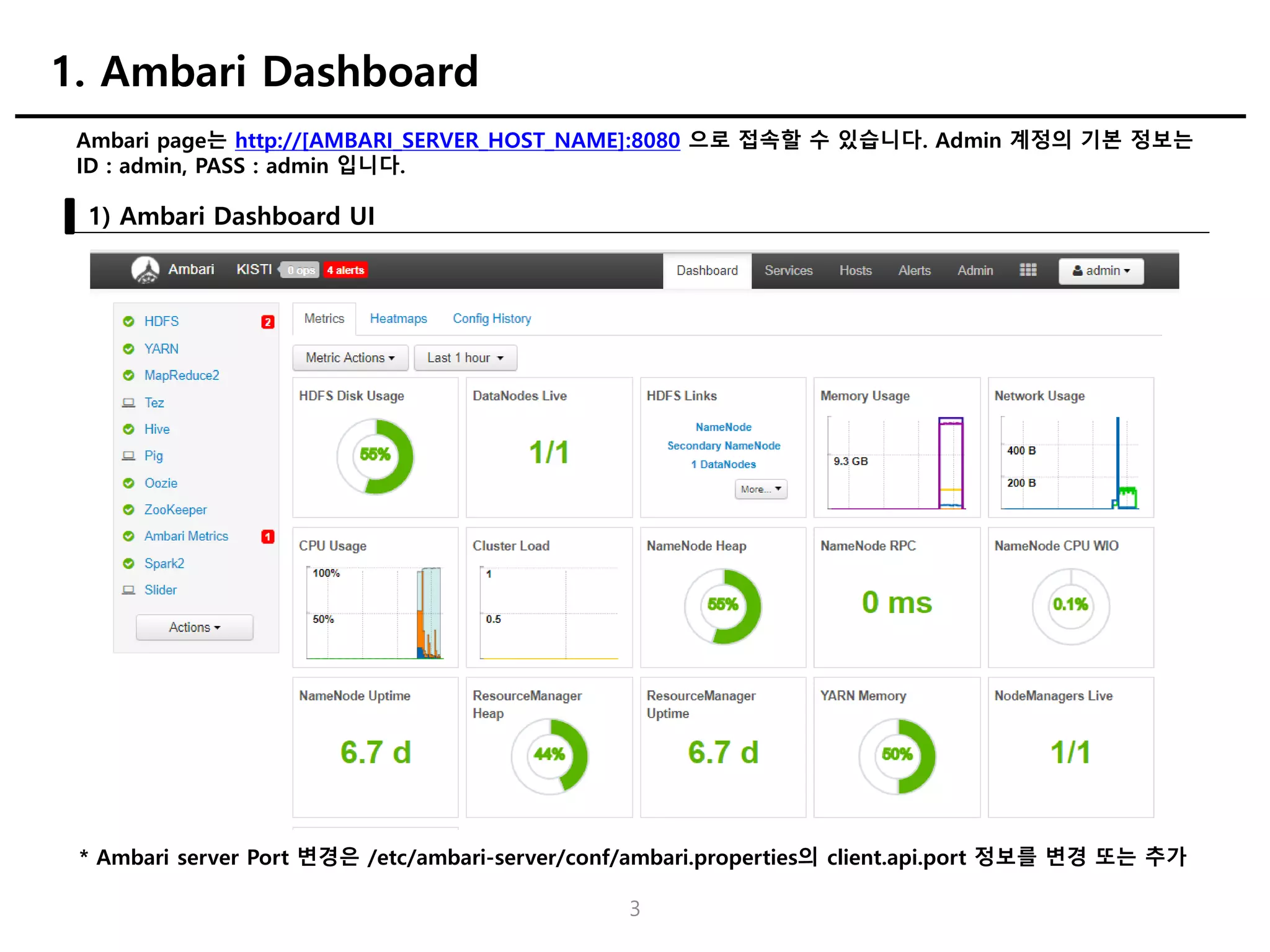 Ambari page는 http://[AMBARI_SERVER_HOST_NAME]:8080 으로 접속할 수 있습니다. Admin 계정의 기본 정보는
ID : admin, PASS : admin 입니다.
1) Ambari Dashboard UI
1. Ambari Dashboard
3
* Ambari server Port 변경은 /etc/ambari-server/conf/ambari.properties의 client.api.port 정보를 변경 또는 추가
 