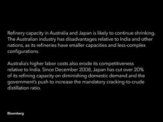Refinery capacity in Australia and Japan is likely to continue shrinking.
The Australian industry has disadvantages relati...