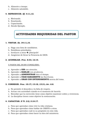 b. Alimento a tiempo.
c. Alimento saludable.
4. REPRODUCIR. Ef. 4:11,12.
a. Motivando.
b. Enseñando.
c. Capacitando.
d. Siendo Ejemplo.
1. VISITAR. Ez. 34:11,16.
a. Haga una lista de candidatos.
b. Establezca prioridades.
c. Involucre a otros  ¡Discipule!
d. Asegúrese de llevar la Presencia de DIOS.
2. ACONSEJAR. Prov. 8:33; 12:15.
5 PASOS DEL BUEN CONSEJERO.
a. Aprender a OIR con atención.
b. Aprender a HABLAR con prudencia.
c. Aprender a ADMINISTRAR bien el tiempo.
d. Aprender a USAR SABIAMENTE las Escrituras.
e. Aprender a ORAR CON ENTENDIMIENTO acerca del tema.
3. CORREGIR. Prov. 10:17; 13:18; 15:31; Jer. 6:8.
a. No permitir el desorden y la falta de respeto.
b. Actuar con autoridad cuando es el momento de hacerlo.
c. Recordar que la corrección tiene como objetivo mantener orden y reverencia.
d. La disciplina tienen como objetivo la restauración.
4. CAPACITAR. II Ti. 2:2; 3:16-17.
a. Para que aprendan cómo vivir la vida cristiana.
b. Para que aprendan cómo hablar de CRISTO a otros.
c. Para que aprendan cuál es su propósito en esta vida.
d. Para que aprendan cómo hacer la obra del ministerio.
ACTIVIDADES REQUERIDAS DEL PASTOR
 