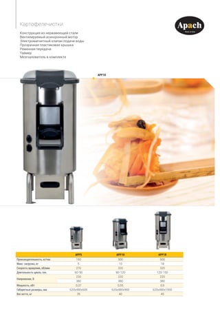 Конструкция из нержавеющей стали
Вентилируемый асинхронный мотор
Электромагнитный клапан подачи воды
Прозрачная пластиковая крышка
Ременная передача
Таймер
Мезгоуловитель в комплекте
Картофелечистки
APP5 APP10  APP18
Производительность, кг/час 150 300 500
Макс. загрузка, кг 5 10 18
Скорость вращения, об/мин 270 320 320
Длительность цикла, сек. 60-90 90-120 120-150
Напряжение, В
220 220 220
380 380 380
Мощность, кВт 0,37 0,55 0,9
Габаритные размеры, мм 620х480х600 620х480х900 620х480х1000
Вес нетто, кг 35 40 45
APP18
 