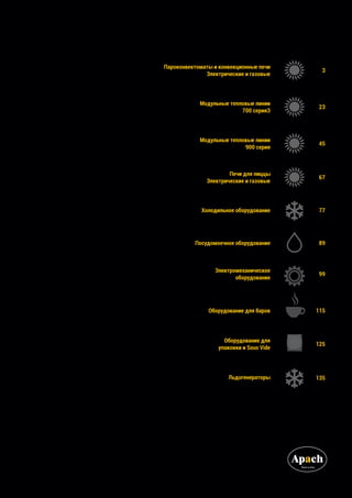 Пароконвектоматы и конвекционные печи
Элeктрические и газовые
Модульные тепловые линии
700 серия3
Модульные тепловые линии
900 серия
Печи для пиццы
Электрические и газовые
Посудомоечное оборудование
Электромеханическое
оборудование
Оборудование для баров
Оборудование для
упаковки и Sous Vide
Льдогенераторы
Холодильное оборудование
23
45
67
89
99
115
125
135
77
3
 