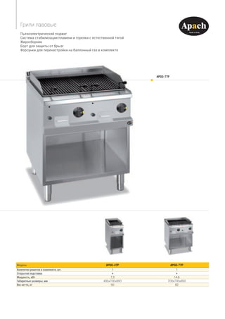 APGG-77P
Пьезоэлектрический поджиг
Система стабилизации пламени и горелки с естественной тягой
Жиросборник
Борт для защиты от брызг
Форсунки для перенастройки на баллонный газ в комплекте
Грили лавовые
Модель APGG-47P APGG-77P
Количетво решеток в комплекте, шт. 1 1
Открытая подставка * *
Мощность, кВт 7,3 14,6
Габаритные размеры, мм 400x700x850 700x700x850
Вес нетто, кг 50 82
 