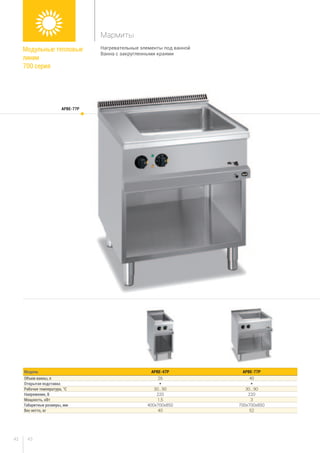 4342
Нагревательные элементы под ванной
Ванна с закругленными краями
Модель APBE-47P APBE-77P
Объем ванны, л 26 40
Открытая подставка * *
Рабочая температура, °С 30...90 30...90
Напряжение, В 220 220
Мощность, кВт 1,5 3
Габаритные размеры, мм 400x700x850 700x700x850
Вес нетто, кг 40 52
APBE-77P
Модульные тепловые
линии
700 серия
Мармиты
 