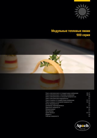 Модульные тепловые линии
900 серия
Плиты электрические со стандартными конфорками	 46-47
Плиты электрические с плоскими конфорками	 48-49
Плиты электрические со сплошной поверхностью	 50
Плиты электрические индукционные	 51
Плиты газовые со стандартными конфорками	 52-53
Плиты газовые со сплошной поверхностью	 54-55
Котлы пищеварочные	 56
Сковороды опрокидываемые	 57
Жарочные поверхности	 58-59
Макароноварки	 60
Фритюрницы	 61
Грили лавовые	 62-63
Мармиты	 64
Рабочие поверхности	 65
 