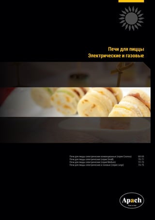 Печи для пиццы
Электрические и газовые
Печи для пиццы электрические конвекционные (серия Cosmos)	 68-69
Печи для пиццы электрические (серия Small)	 70-71
Печи для пиццы электрические (серия Medium)	 72-73
Печи для пиццы электрические и газовые (серия Large)	 74-75
 