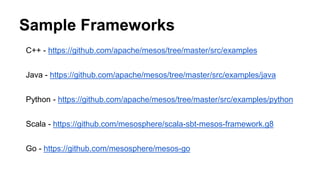 Sample Frameworks
C++ - https://github.com/apache/mesos/tree/master/src/examples
Java - https://github.com/apache/mesos/tree/master/src/examples/java
Python - https://github.com/apache/mesos/tree/master/src/examples/python
Scala - https://github.com/mesosphere/scala-sbt-mesos-framework.g8
Go - https://github.com/mesosphere/mesos-go
 