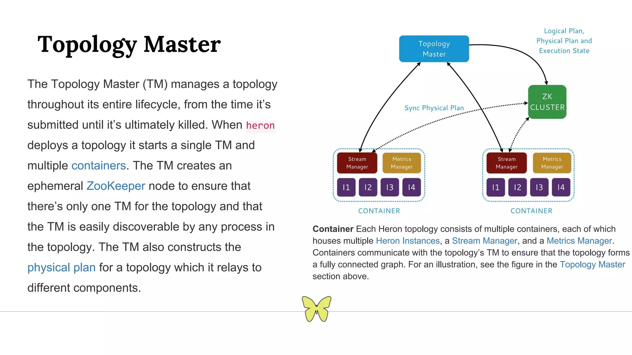 Topology Master The Topology Master (TM) manages a topology throughout its entire lifecycle, from the time it’s submitted until it’s ultimately killed. When heron deploys a topology it starts a single TM and multiple containers. The TM creates an ephemeral ZooKeeper node to ensure that there’s only one TM for the topology and that the TM is easily discoverable by any process in the topology. The TM also constructs the physical plan for a topology which it relays to different components. Container Each Heron topology consists of multiple containers, each of which houses multiple Heron Instances, a Stream Manager, and a Metrics Manager. Containers communicate with the topology’s TM to ensure that the topology forms a fully connected graph. For an illustration, see the figure in the Topology Master section above. 