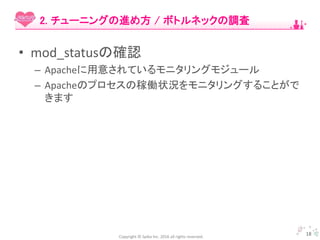 Copyright © Spika Inc. 2016 all rights reserved.
• mod_statusの確認
– Apacheに用意されているモニタリングモジュール
– Apacheのプロセスの稼働状況をモニタリングすることがで
きます
18
2. チューニングの進め方 / ボトルネックの調査
 