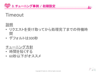 Copyright © Spika Inc. 2016 all rights reserved.
Timeout
説明
• リクエストを受け取ってから処理完了までの待機時
間
• デフォルトは300秒
チューニング方針
• 時間を短くする
• 60秒以下がオススメ
27
3. チューニング事例 / 初期設定
 