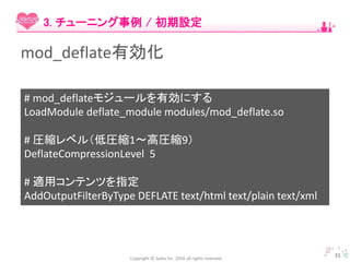 Copyright © Spika Inc. 2016 all rights reserved.
31
3. チューニング事例 / 初期設定
# mod_deflateモジュールを有効にする
LoadModule deflate_module modules/mod_deflate.so
# 圧縮レベル（低圧縮1〜高圧縮9）
DeflateCompressionLevel 5
# 適用コンテンツを指定
AddOutputFilterByType DEFLATE text/html text/plain text/xml
mod_deflate有効化
 
