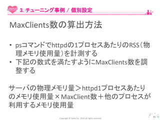 Copyright © Spika Inc. 2016 all rights reserved.
MaxClients数の算出方法
• psコマンドでhttpdの1プロセスあたりのRSS（物
理メモリ使用量）を計測する
• 下記の数式を満たすようにMaxClients数を調
整する
35
3. チューニング事例 / 個別設定
サーバの物理メモリ量＞httpd1プロセスあたり
のメモリ使用量×MaxClient数＋他のプロセスが
利用するメモリ使用量
 