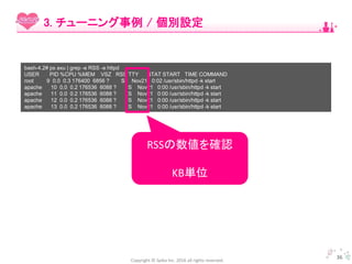 Copyright © Spika Inc. 2016 all rights reserved.
36
3. チューニング事例 / 個別設定
bash-4.2# ps axu | grep -e RSS -e httpd
USER PID %CPU %MEM VSZ RSS TTY STAT START TIME COMMAND
root 9 0.0 0.3 176400 6856 ? Ss Nov21 0:02 /usr/sbin/httpd -k start
apache 10 0.0 0.2 176536 6088 ? S Nov21 0:00 /usr/sbin/httpd -k start
apache 11 0.0 0.2 176536 6088 ? S Nov21 0:00 /usr/sbin/httpd -k start
apache 12 0.0 0.2 176536 6088 ? S Nov21 0:00 /usr/sbin/httpd -k start
apache 13 0.0 0.2 176536 6088 ? S Nov21 0:00 /usr/sbin/httpd -k start
RSSの数値を確認
KB単位
 