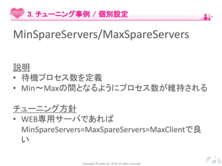 Copyright © Spika Inc. 2016 all rights reserved.
MinSpareServers/MaxSpareServers
説明
• 待機プロセス数を定義
• Min〜Maxの間となるようにプロセス数が維持される
チューニング方針
• WEB専用サーバであれば
MinSpareServers=MaxSpareServers=MaxClientで良
い
37
3. チューニング事例 / 個別設定
 