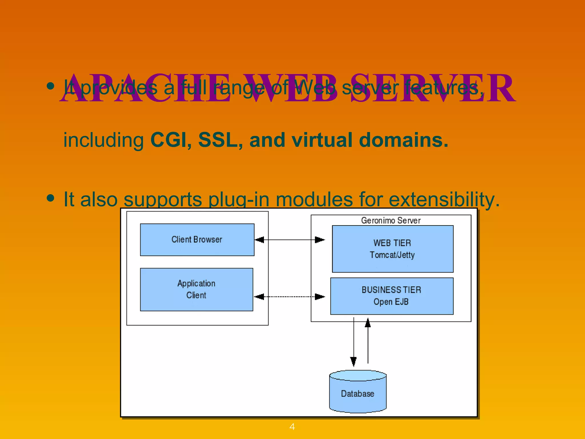 APACHE WEB SERVER• It provides a full range of Web server features,
including CGI, SSL, and virtual domains.
• It also supports plug-in modules for extensibility.
4
 