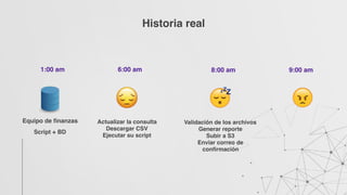 Historia real
Equipo de finanzas
Script + BD
1:00 am 6:00 am
Actualizar la consulta
Descargar CSV
Ejecutar su script
8:00 am 9:00 am
Validación de los archivos
Generar reporte
Subir a S3
Enviar correo de
confirmación
 