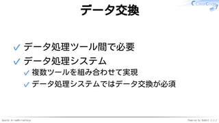 Apache Arrow#ArrowTokyo Powered by Rabbit 2.2.2
データ交換
データ処理ツール間で必要✓
データ処理システム
複数ツールを組み合わせて実現✓
データ処理システムではデータ交換が必須✓
✓
 