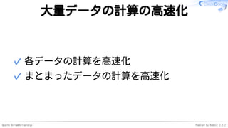 Apache Arrow#ArrowTokyo Powered by Rabbit 2.2.2
大量データの計算の高速化
各データの計算を高速化✓
まとまったデータの計算を高速化✓
 