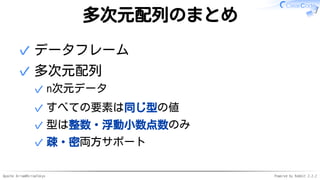 Apache Arrow#ArrowTokyo Powered by Rabbit 2.2.2
多次元配列のまとめ
データフレーム✓
多次元配列
n次元データ✓
すべての要素は同じ型の値✓
型は整数・浮動小数点数のみ✓
疎・密両方サポート✓
✓
 