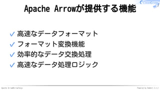 Apache Arrow#ArrowTokyo Powered by Rabbit 2.2.2
Apache Arrowが提供する機能
高速なデータフォーマット✓
フォーマット変換機能✓
効率的なデータ交換処理✓
高速なデータ処理ロジック✓
 