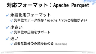 Apache Arrow#ArrowTokyo Powered by Rabbit 2.2.2
対応フォーマット：Apache Parquet
永続化用フォーマット
列単位でデータ保存：Apache Arrowと相性がよい✓
✓
小さい
列単位の圧縮をサポート✓
✓
速い
必要な部分のみ読み込める（I/Oが減る）✓
✓
 