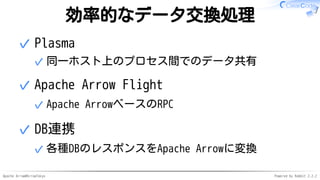 Apache Arrow#ArrowTokyo Powered by Rabbit 2.2.2
効率的なデータ交換処理
Plasma
同一ホスト上のプロセス間でのデータ共有✓
✓
Apache Arrow Flight
Apache ArrowベースのRPC✓
✓
DB連携
各種DBのレスポンスをApache Arrowに変換✓
✓
 