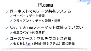 Apache Arrow#ArrowTokyo Powered by Rabbit 2.2.2
Plasma
同一ホストでのデータ共有システム
サーバー：データ管理✓
クライアント：データ登録・参照✓
✓
Apache Arrowフォーマットは使っていない
任意のバイト列を共有✓
✓
ユースケース：マルチプロセス連携
もともとRay（分散計算システム）用に開発✓
✓
 