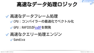 Apache Arrow#ArrowTokyo Powered by Rabbit 2.2.2
高速なデータ処理ロジック
高速なデータフレーム処理
CPU：コンパイラーの最適化でベクトル化✓
GPU：RAPIDSがcuDFを開発✓
✓
高速なクエリー処理エンジン
Gandiva✓
✓
 