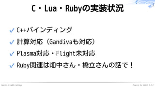 Apache Arrow#ArrowTokyo Powered by Rabbit 2.2.2
C・Lua・Rubyの実装状況
C++バインディング✓
計算対応（Gandivaも対応）✓
Plasma対応・Flight未対応✓
Ruby関連は畑中さん・橋立さんの話で！✓
 