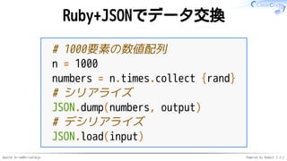 Apache Arrow#ArrowTokyo Powered by Rabbit 2.2.2
Ruby+JSONでデータ交換
# 1000要素の数値配列
n = 1000
numbers = n.times.collect {rand}
# ...