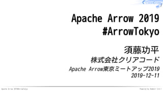 Apache Arrow 2019#ArrowTokyo Powered by Rabbit 3.0.1
Apache Arrow 2019
#ArrowTokyo
須藤功平
株式会社クリアコード
Apache Arrow東京ミートアップ2019
2019-12-11
 