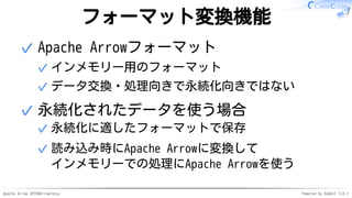 Apache Arrow 2019#ArrowTokyo Powered by Rabbit 3.0.1
フォーマット変換機能
Apache Arrowフォーマット
インメモリー用のフォーマット✓
データ交換・処理向きで永続化向きではない✓
✓...